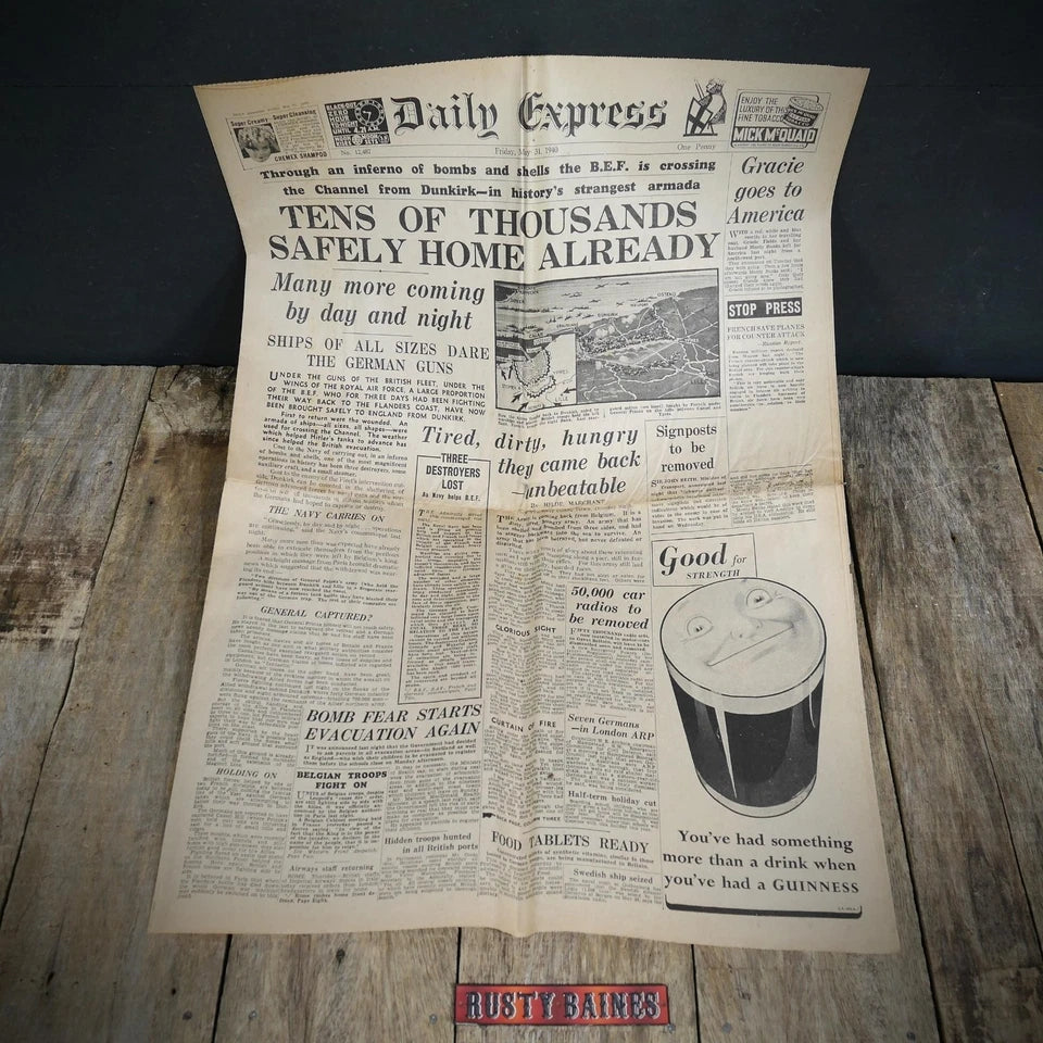 Original Daily Express Wartime Newspaper May 31 1940 WW2 BEF Dunkirk