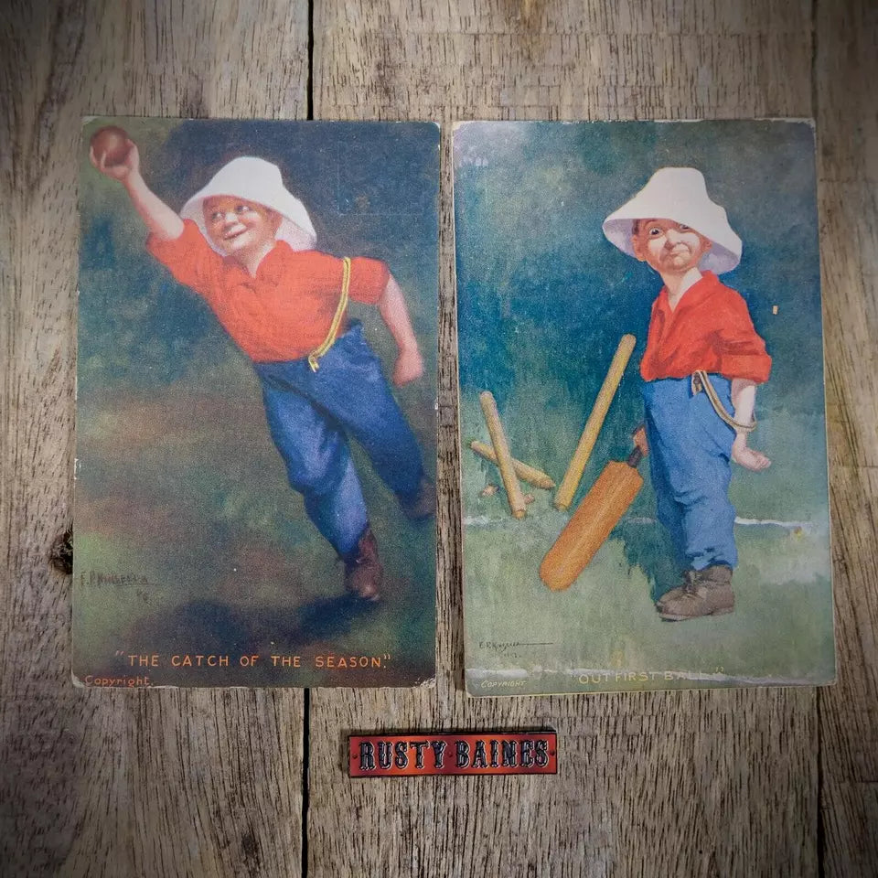 Postcards x2 Comic Cricket Player Boy, E P Kinsella