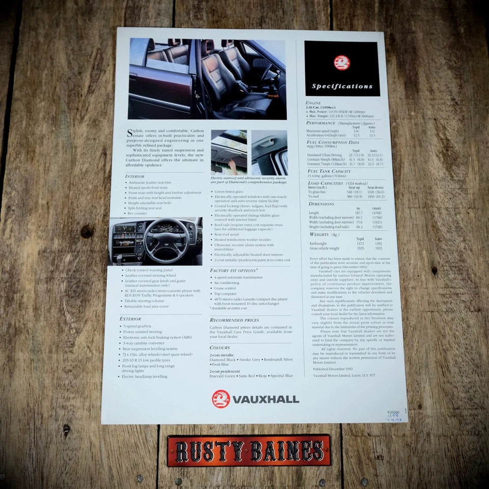Sales Brochure, Vauxhall Carlton Estate Diamond Edition, Single Sheet, 1992