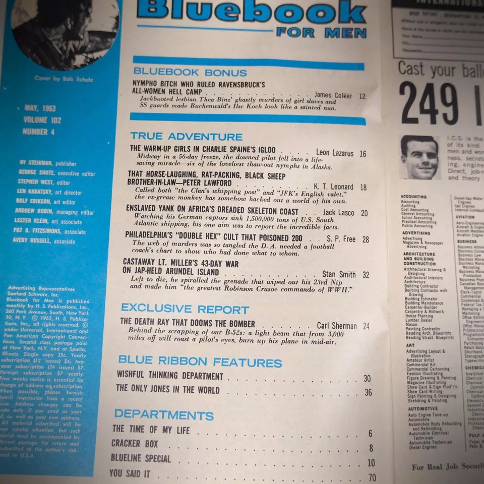 Vintage Pulp Magazine, Bluebook for Men May 1963, Dorothea Binz, Peter Lawford