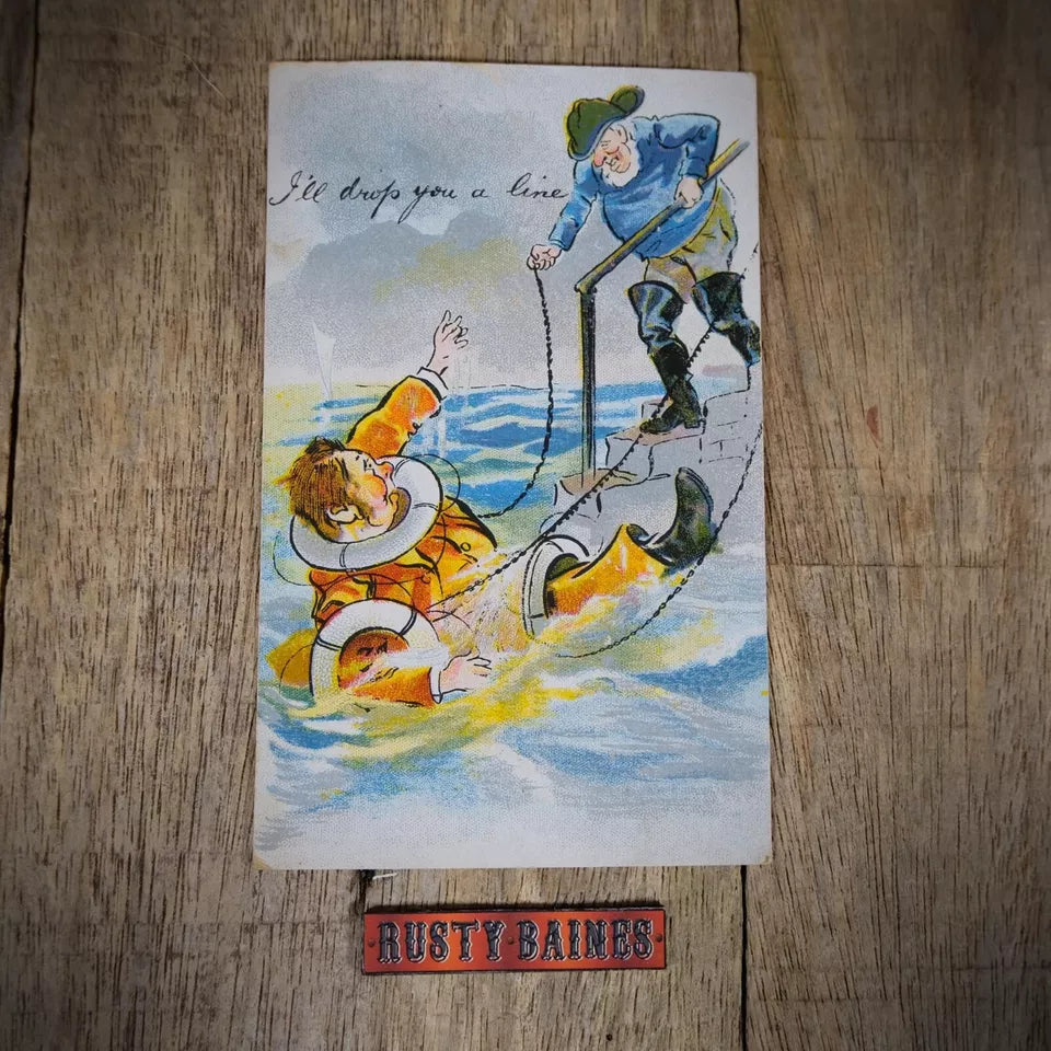 Vintage Postcard, Comic, Drop You a Line, Man Overboard Fisherman