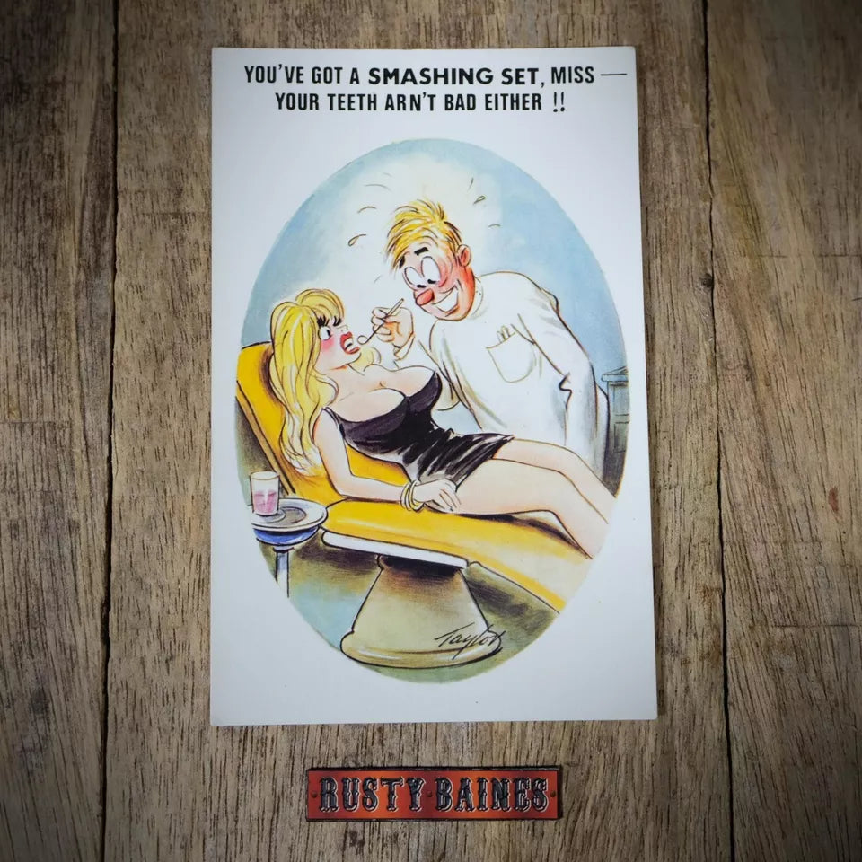 Vintage Comic Postcard, Bamforth, Horny Dentist, Big Boob Lady