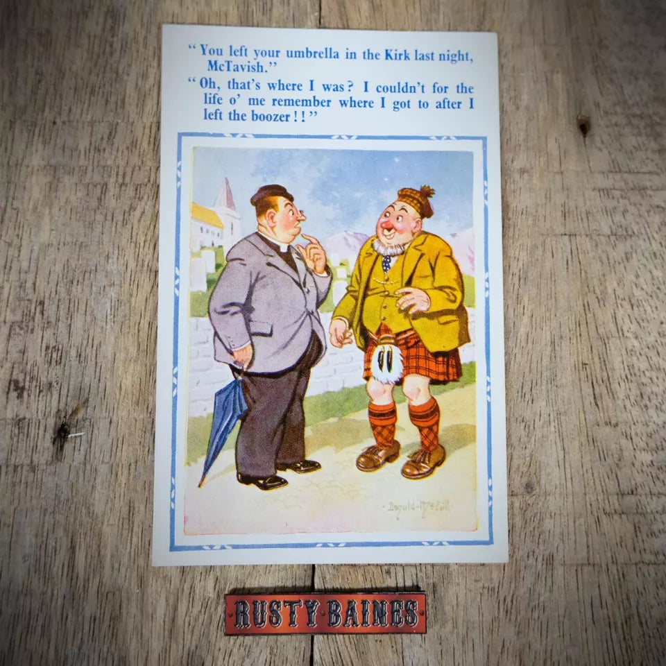 Postcard, Comic, Donald McGill, Scottish, Umbrella, Vicar, Pub Boozer