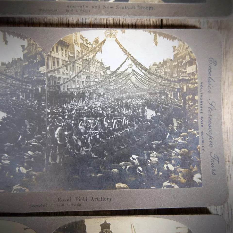 Stereoview Card London Royalty Field Artillery/Australian Troops/Indian Officers