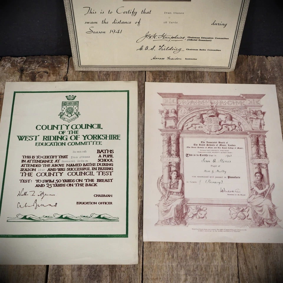 Vintage Ephemera, Certificates for a Mr Ivan Stones, Rawmarsh Rotherham