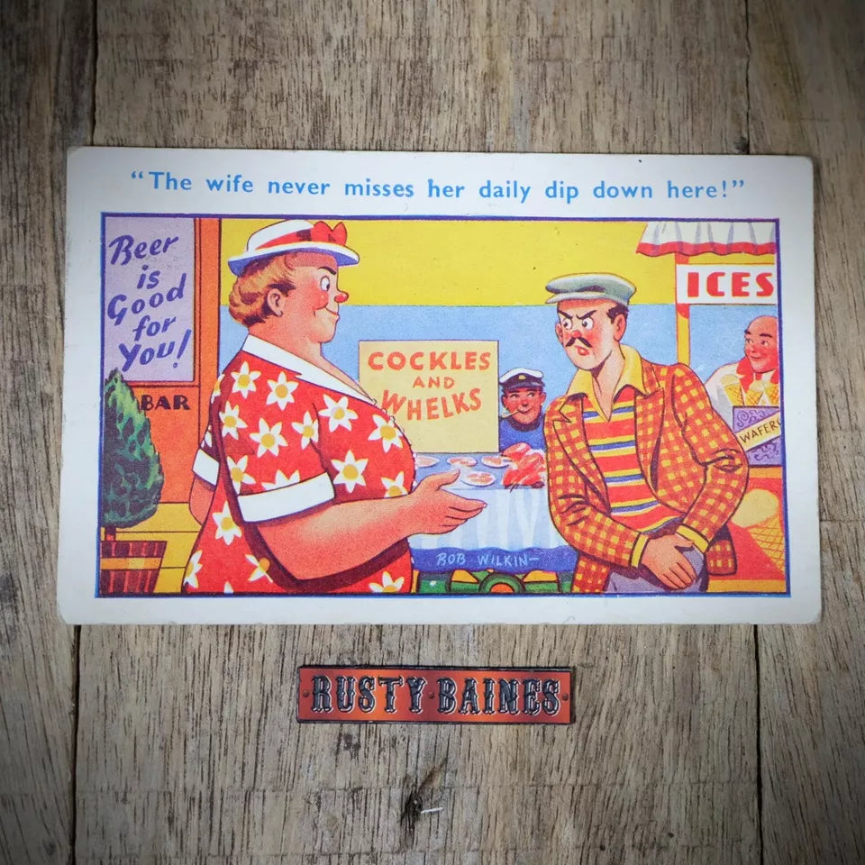 Vintage Comic Postcard, Seaside Cockle & Winkle Seafood Stall, Money