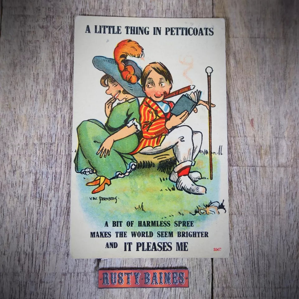 Vintage Postcard, Comic, Giggling Girl, Man Reading Book, Romance