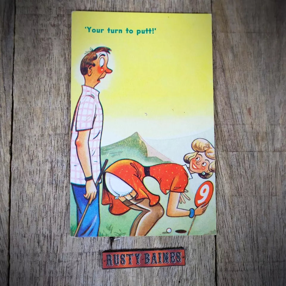 Vintage Postcard, Comic, Shocked Golfer, Girl Bending Stockings