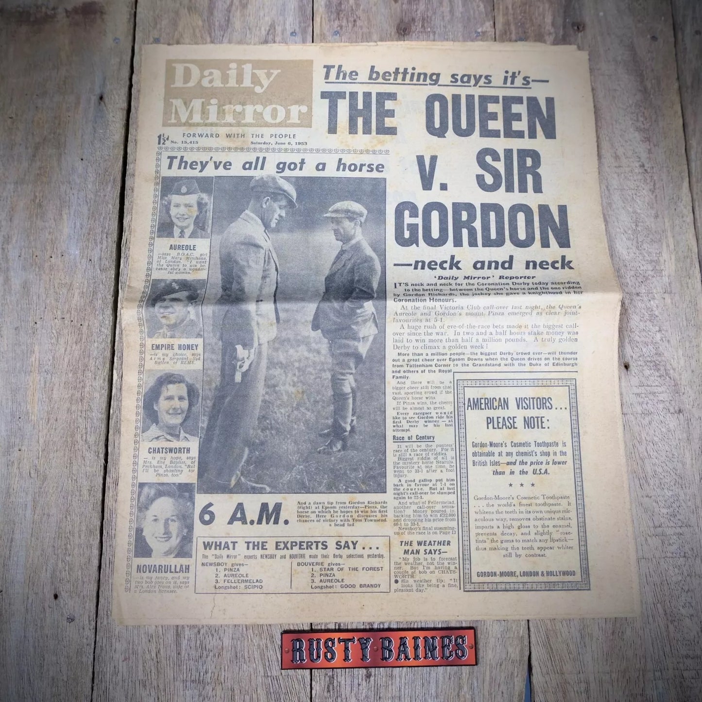 Original Vintage Newspaper, Daily Mirror June 6th 1953, Coronation Derby