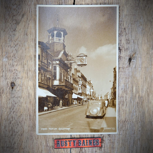 Postcard, Guildford High Street, Clock, Classic Car, Real Photo