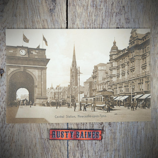 Postcard, Newcastle Central Railway Station, Trams, Printed