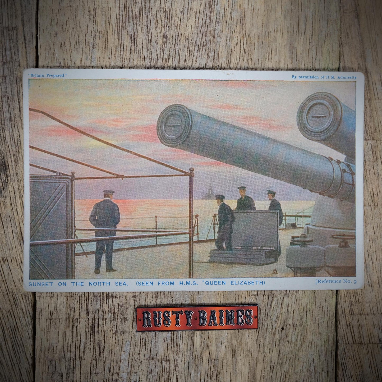 Postcard, HMS Queen Elizabeth, Sunset, Guns