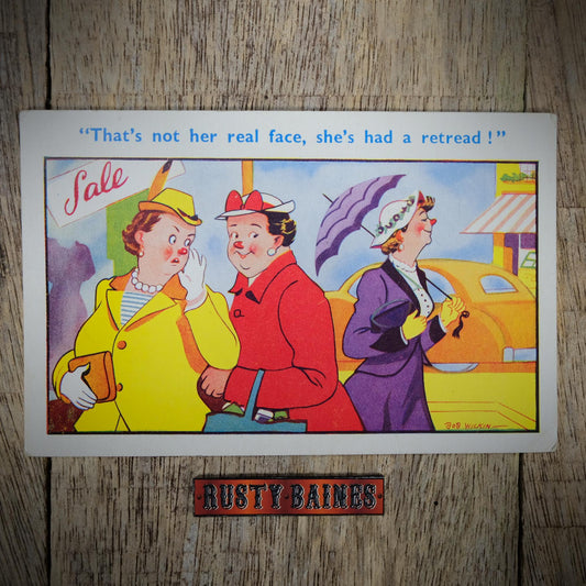 Vintage Comic Postcard, Gossip Women, Car Tyre Retread Plastic Surgery