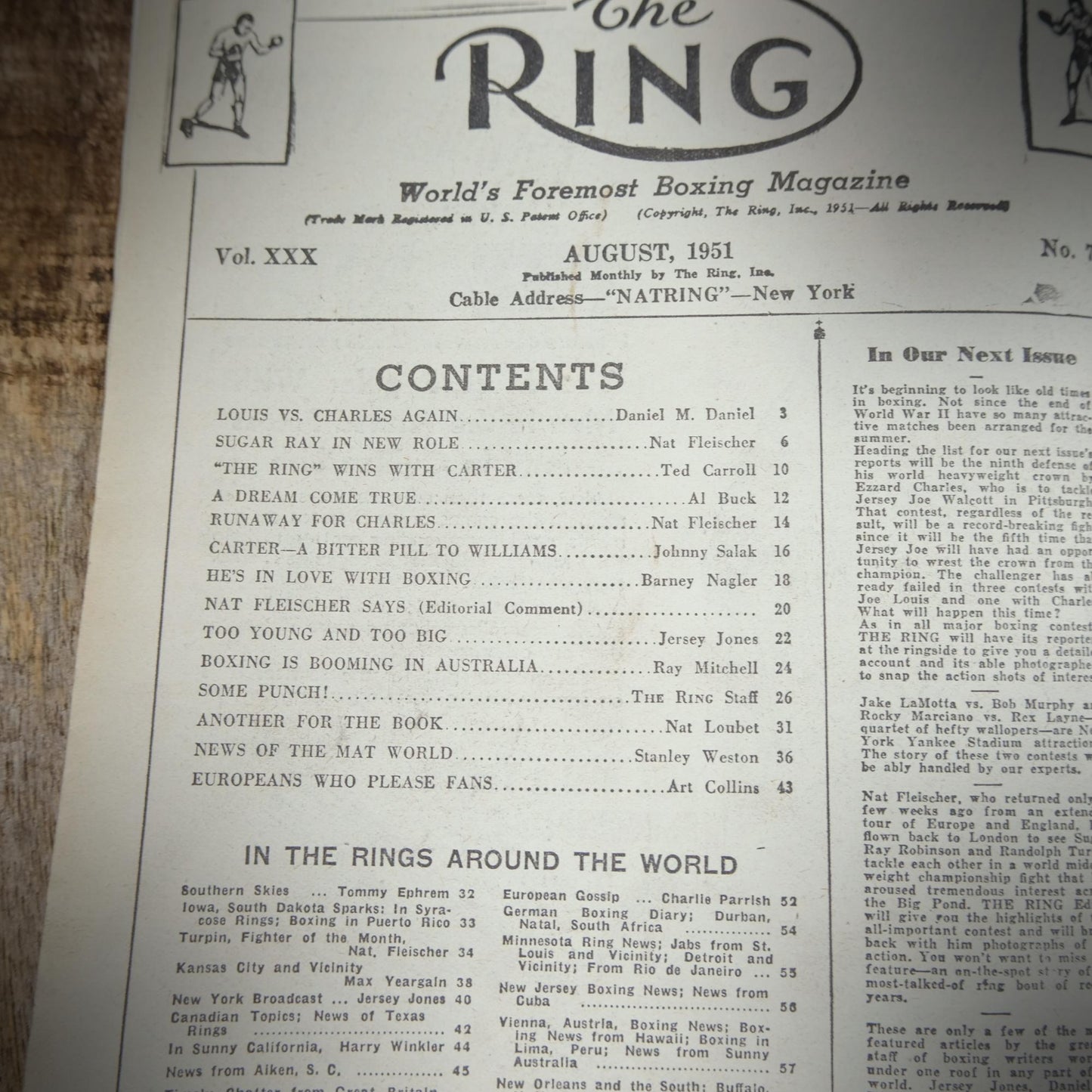 Vintage Boxing Magazine, The Ring August 1951, Sugar Ray Robinson