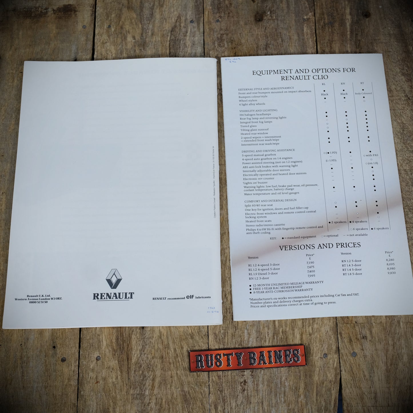 Car Sales Brochure Renault Clio, RL RN RT RSi 16V Baccara Plus Poster Style Version from 1991