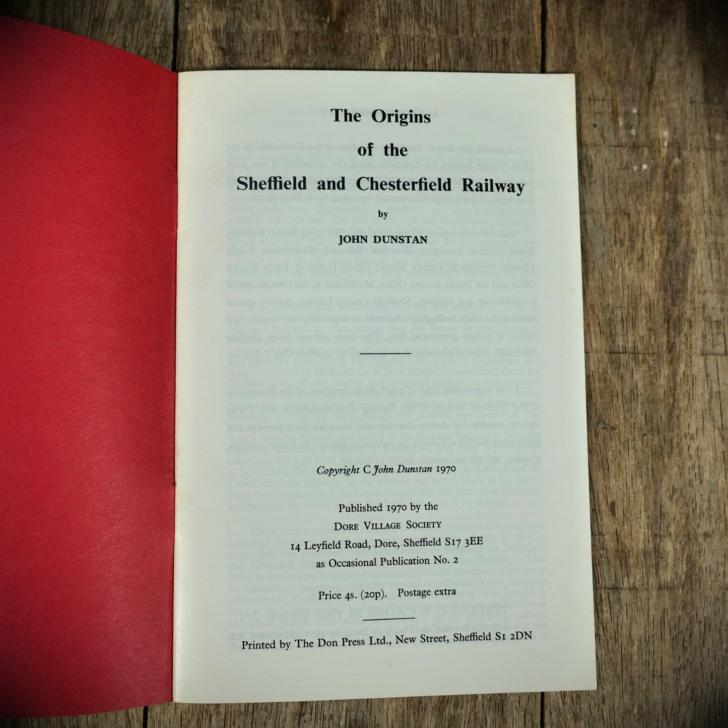 The Origins of the Sheffield and Chesterfield Railway, John Dunstan, Dore Village Society Booklet