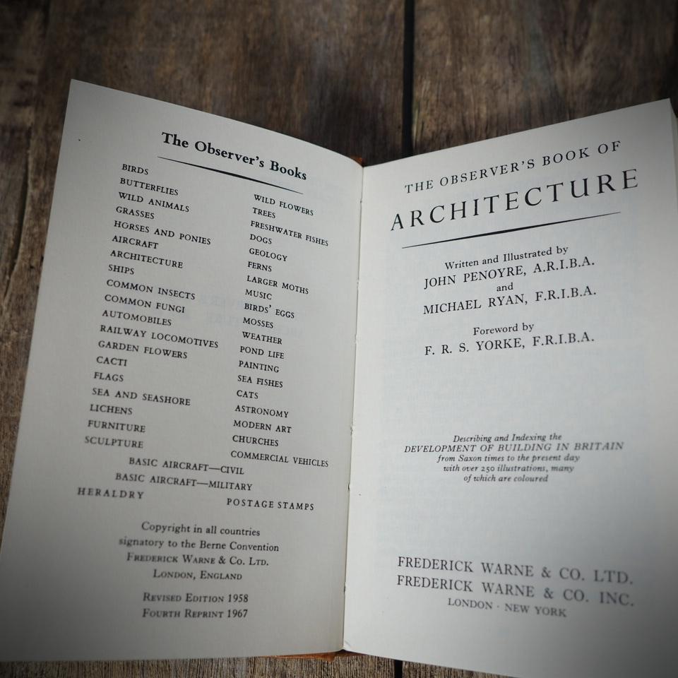 The Observer's Book of Architecture, 1967 Hardcover with Dustwrapper