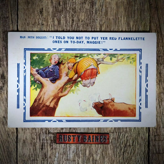 Postcard, Comic, Bamforth, Bull Attack, Red Knickers Tree Climbing