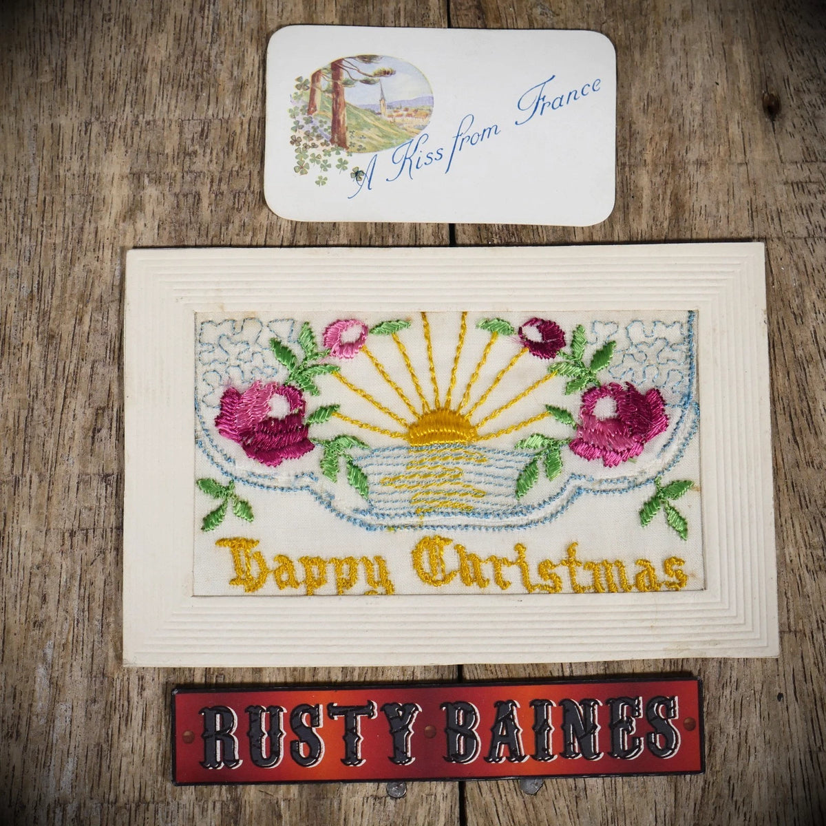 Postcard, WW1 Era Embroidered Silk, Christmas, Sun, Flowers