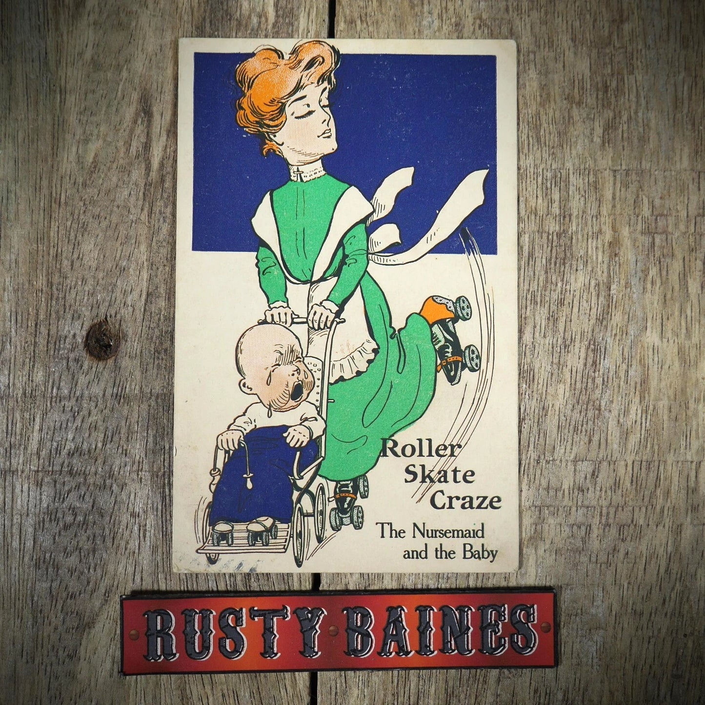 Postcard, Comic, Child Minder Nurse Maid Roller-skates