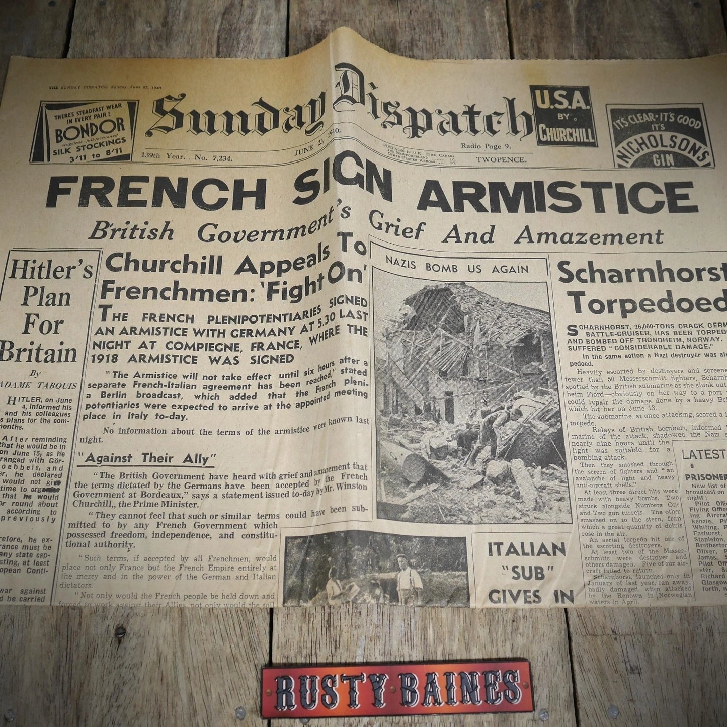 Original Sunday Dispatch WW2 Newspaper June 23 1940, French Surrender Armistice