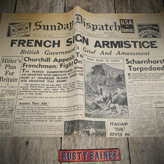 Original Sunday Dispatch WW2 Newspaper June 23 1940, French Surrender Armistice