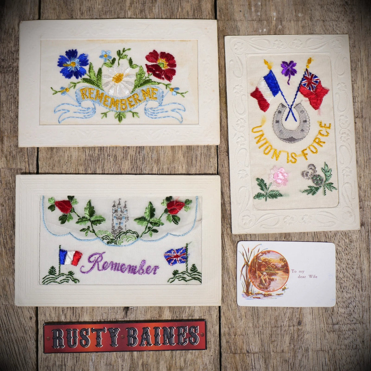 Postcard Bundle, WW1 Embroidered Silk, Remember Me/Union is Force