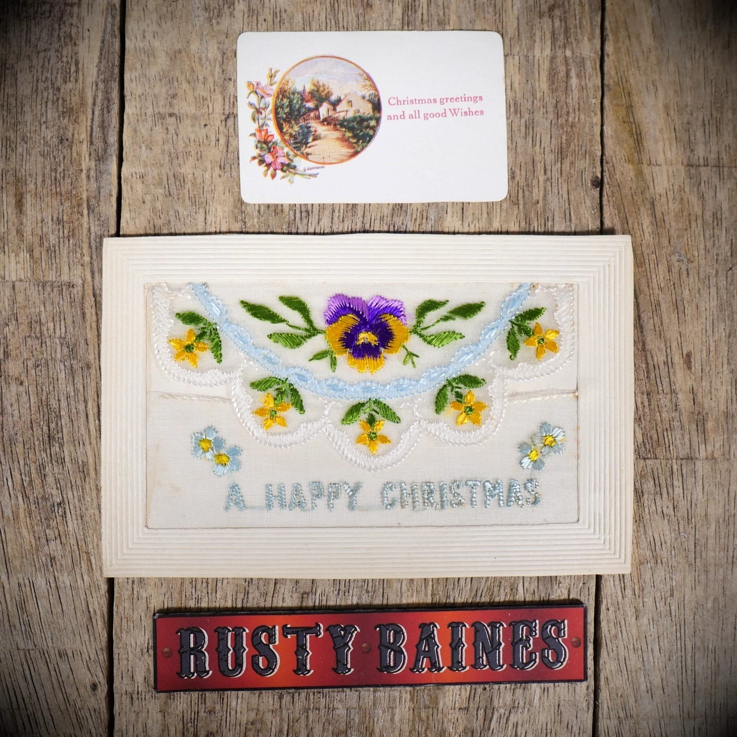 Postcard, WW1 Embroidered Silk, King's Arms Amersham, Christmas