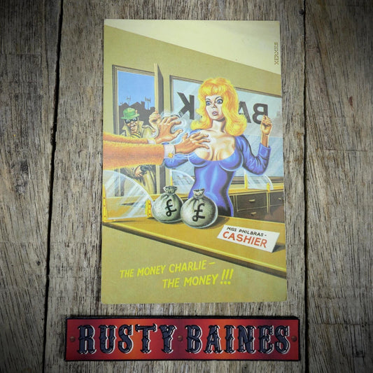 Postcard, Comic, 1960s Bank Robbery, Big Boob Cashier