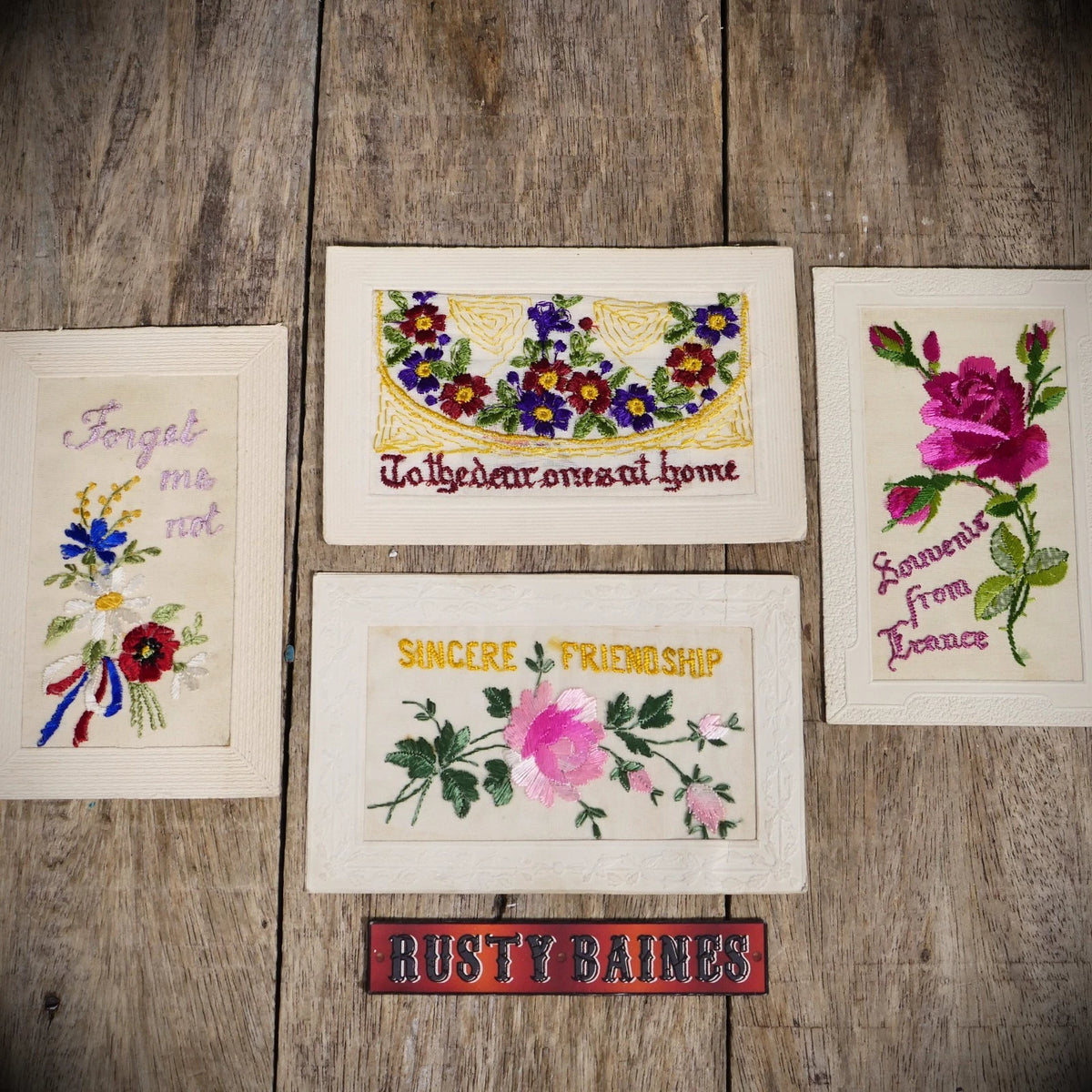 Postcard Bundle x4, WW1 Era Embroidered Silk, Forget Me Not/Friendship