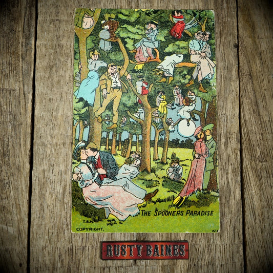 Postcard, Comic, Fantasy Lovers Spooning in Wood Woodland Romance