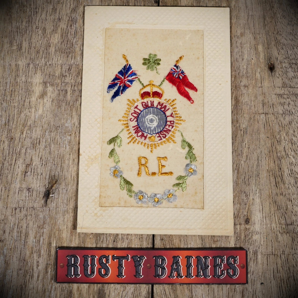 Postcard, WW1 Era Embroidered Silk, Royal Engineers Sappers Flags