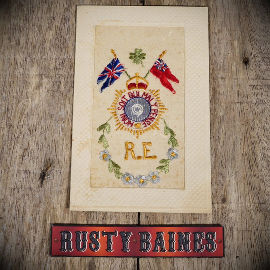 Postcard, WW1 Era Embroidered Silk, Royal Engineers Sappers Flags