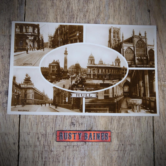 Postcard, Hull Multiview Real Photo, Lowgate, Trinity Church Etc.