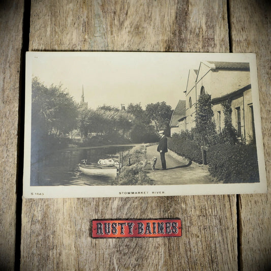Postcard, Stowmarket River, Flat Cap Man Walking Dog, WHS Real Photo
