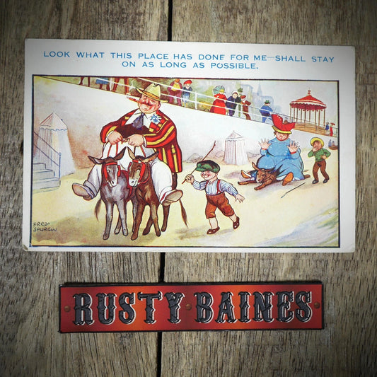 Postcard, Comic, Fred Spurgin, Chubby Fat Man Riding Donkey on Beach
