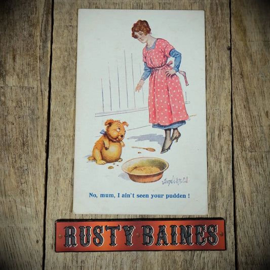 Postcard, Comic, Donald McGill, Greedy Fat Dog Eating Pudding