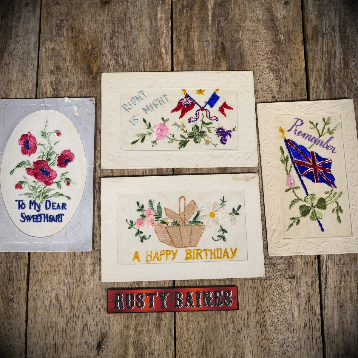 Postcard Bundle, WW1 Era Embroidered Silk, Flags/Might is Right