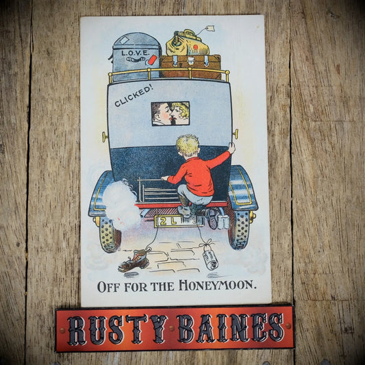 Postcard, Comic, Honeymoon Newlyweds Vintage Car, Luggage
