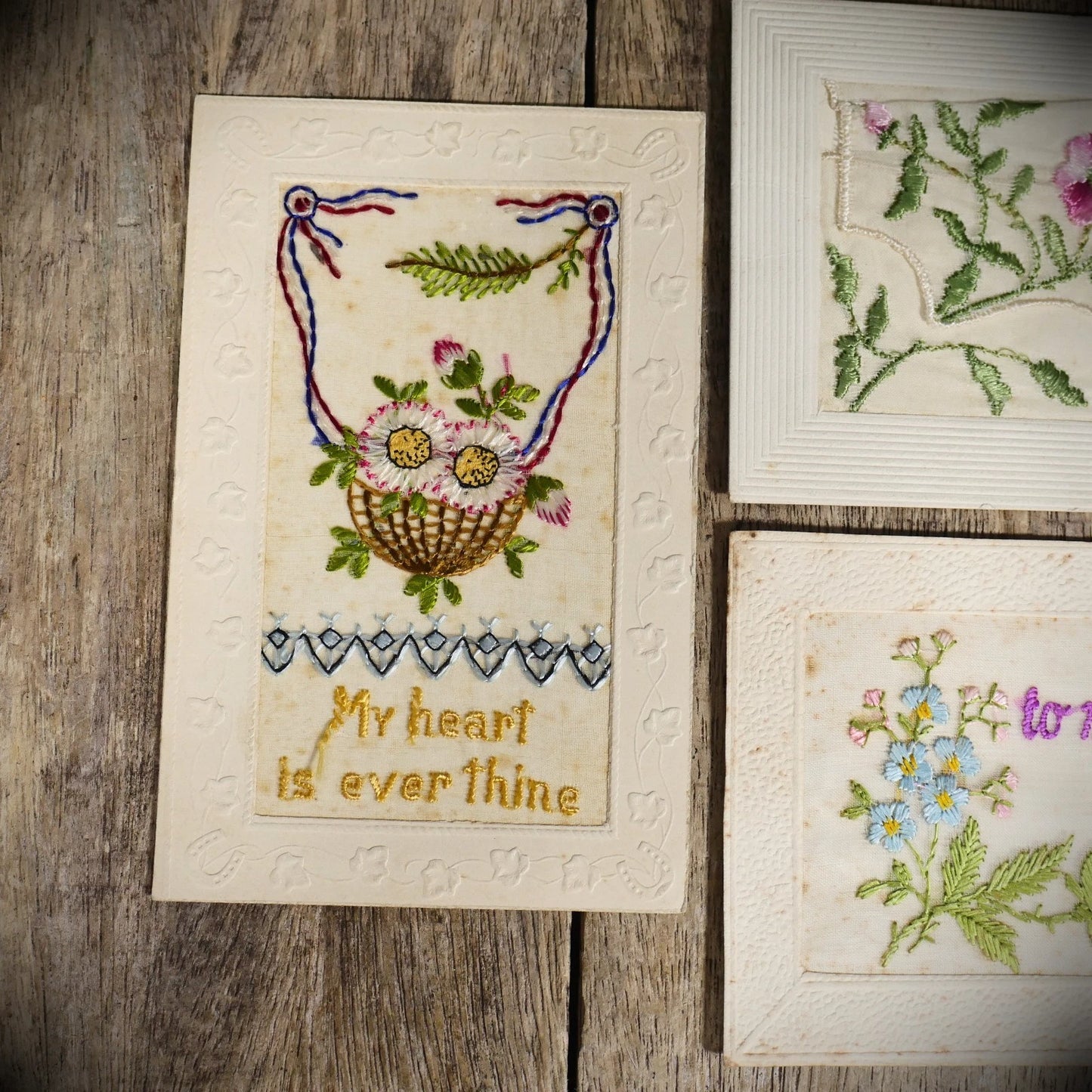 Postcard Bundle, WW1 Era Embroidered Silk, Sentimental/Sweetheart
