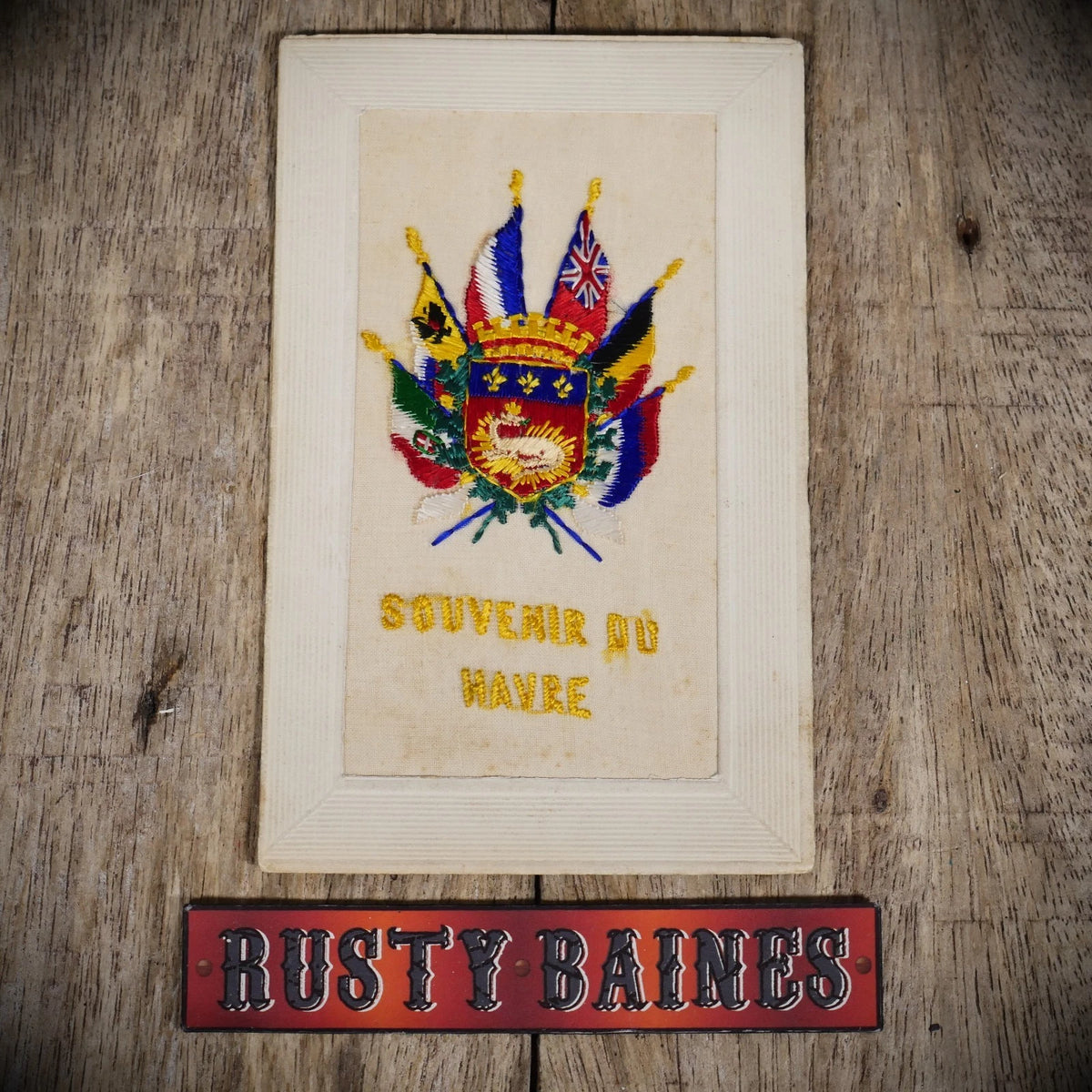 Postcard, WW1 Era Embroidered Silk, Havre Souvenir, Allied Flags