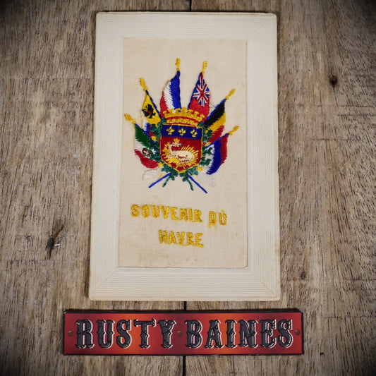 Postcard, WW1 Era Embroidered Silk, Havre Souvenir, Allied Flags