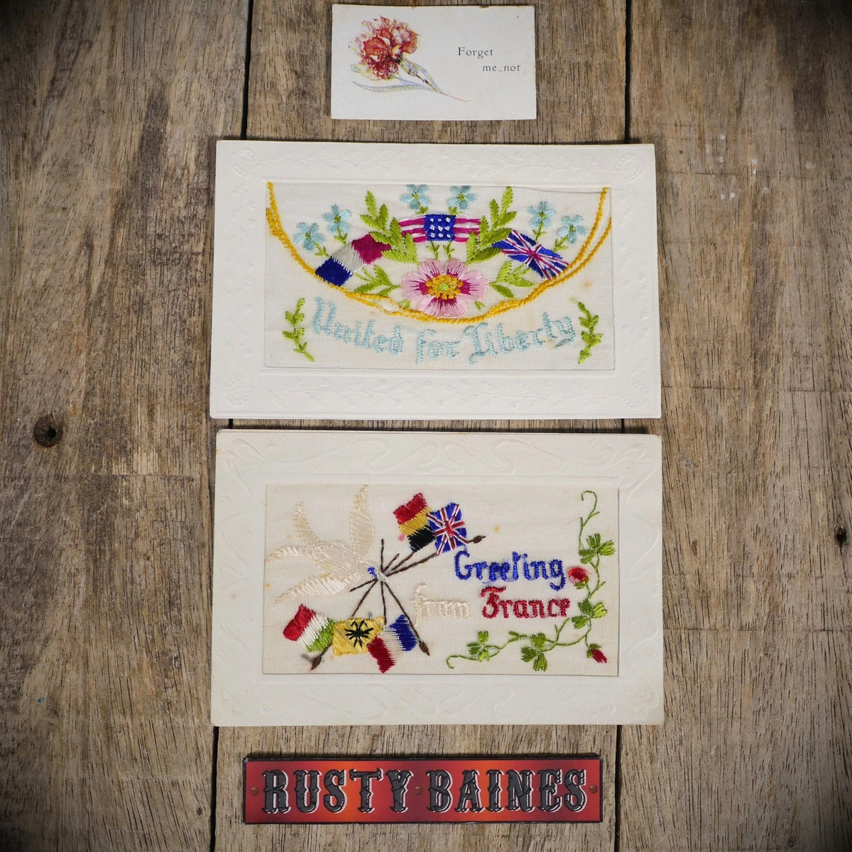 Postcard Bundle, WW1 Embroidered Silk, Patriotic Allied Flags/Bird