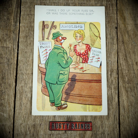 Postcard, Comic, Fishing/Angling, Big Chest Bust Shop Assistant Girl