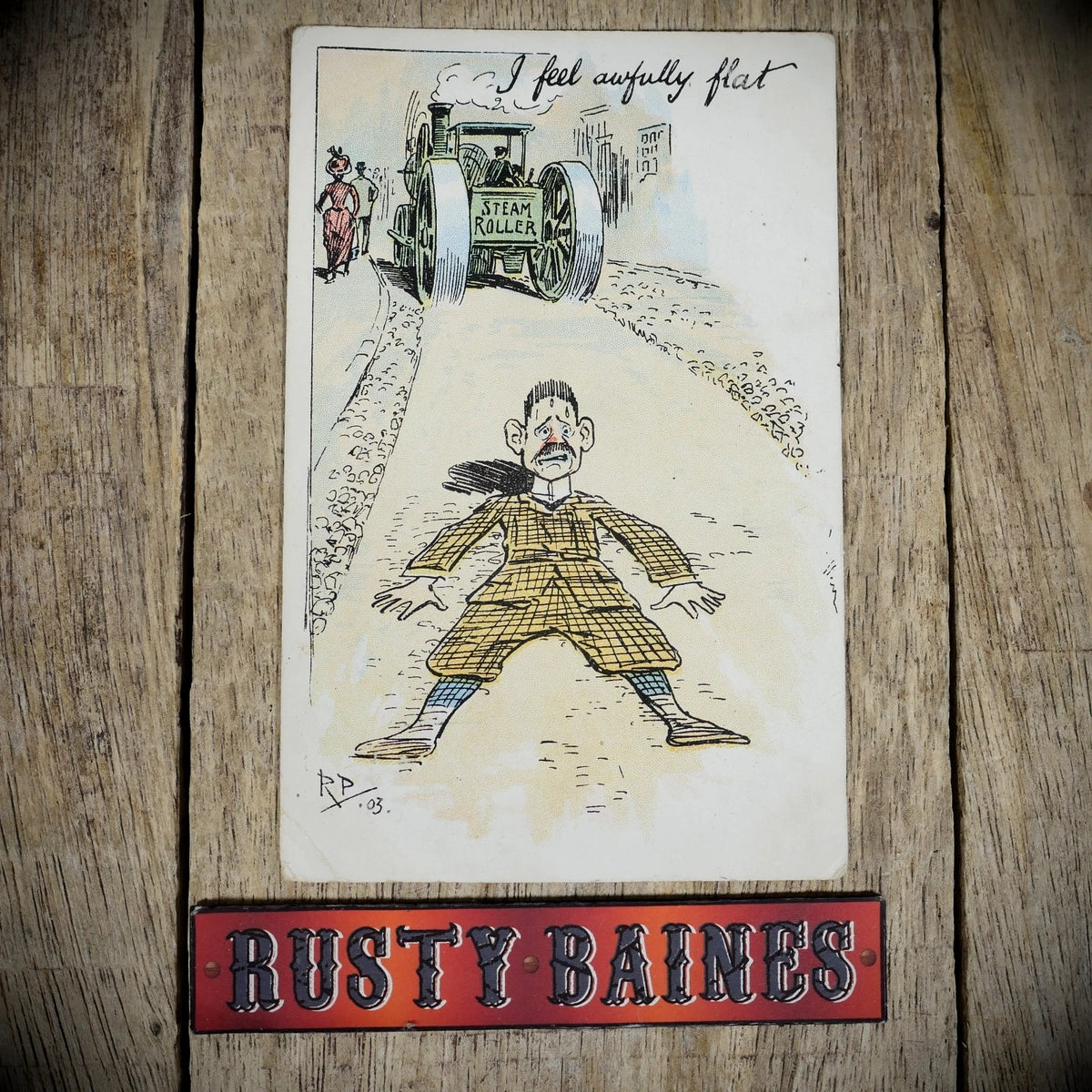 Postcard, Comic, Man Feeling Flat, Steam Roller Accident