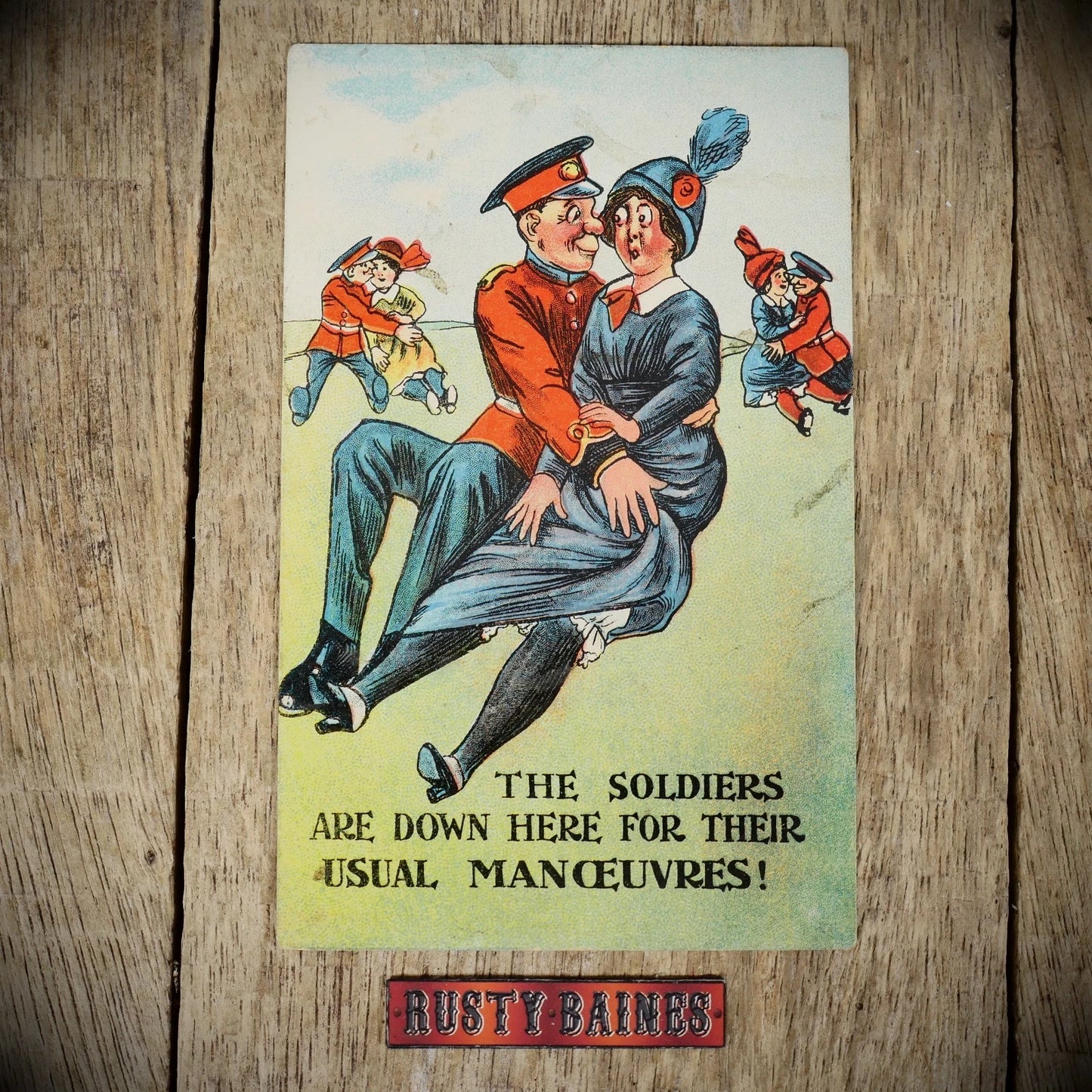 Postcard, Comic, Soldiers on Romance Manoeuvres Girl Flashing Stockings