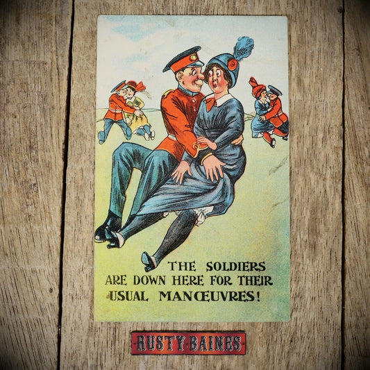 Postcard, Comic, Soldiers on Romance Manoeuvres Girl Flashing Stockings
