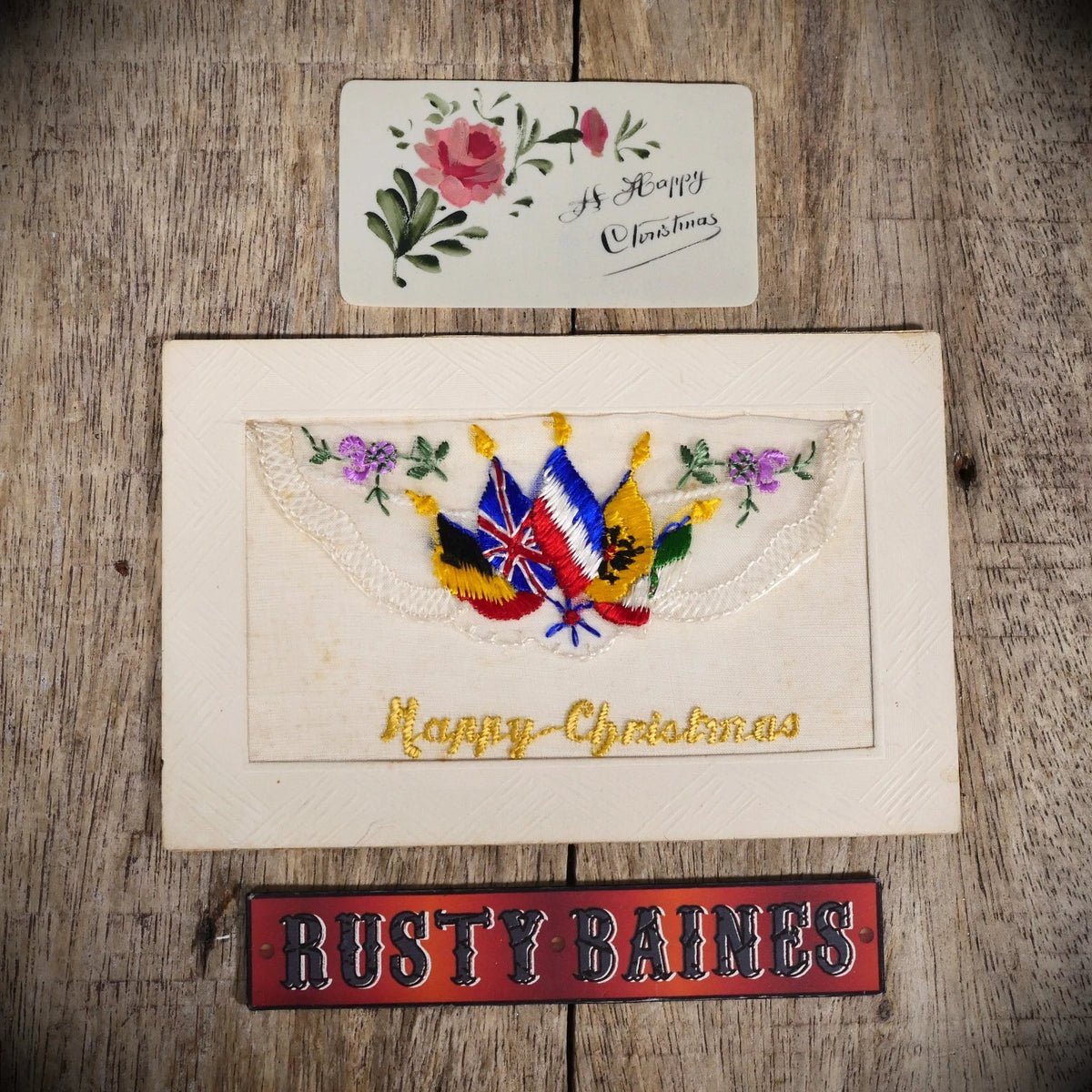 Postcard, WW1 Era Embroidered Silk Patriotic Allied Flags Christmas