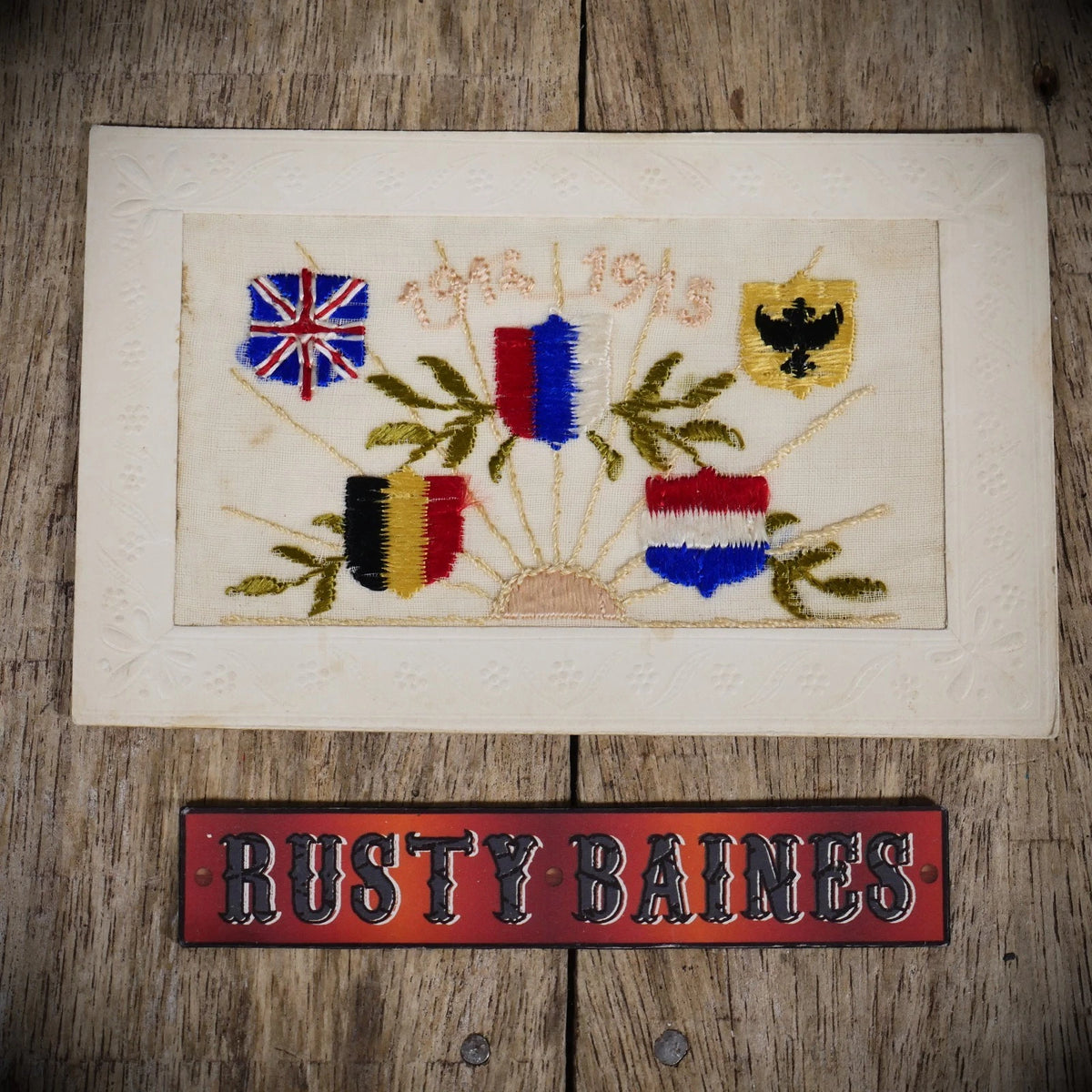 Postcard, WW1 Era Embroidered Silk, 1914-1915 Allied Flags Sunrise