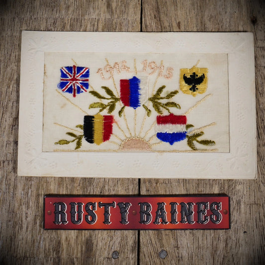 Postcard, WW1 Era Embroidered Silk, 1914-1915 Allied Flags Sunrise
